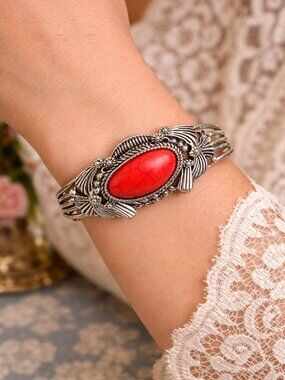 Red Turquoise Cuff Bracelet | Western Boho Statement Bracelet | Silver Floral